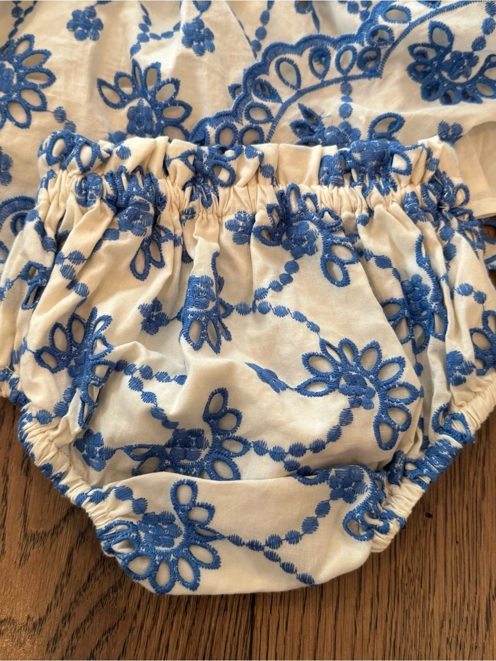 Pink Chicken Cynthia Dress 12-18M Blue Eyelet Embroidered Dress + Bloomer NWT